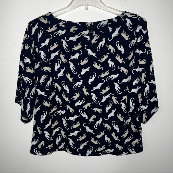Ann Taylor Navy Cat Cheetah Top Short Sleeved Size XS - Picture 7 of 11